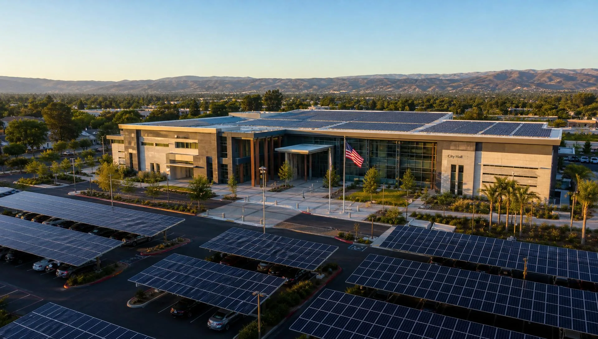 Commercial rooftop solar on a California civic building at golden hour