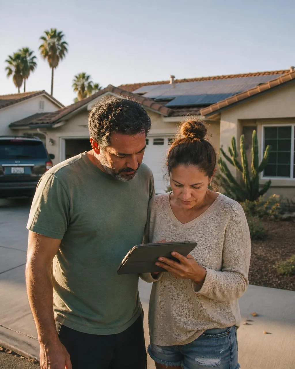 Southern California homeowners reviewing their solar energy dashboard outside their home