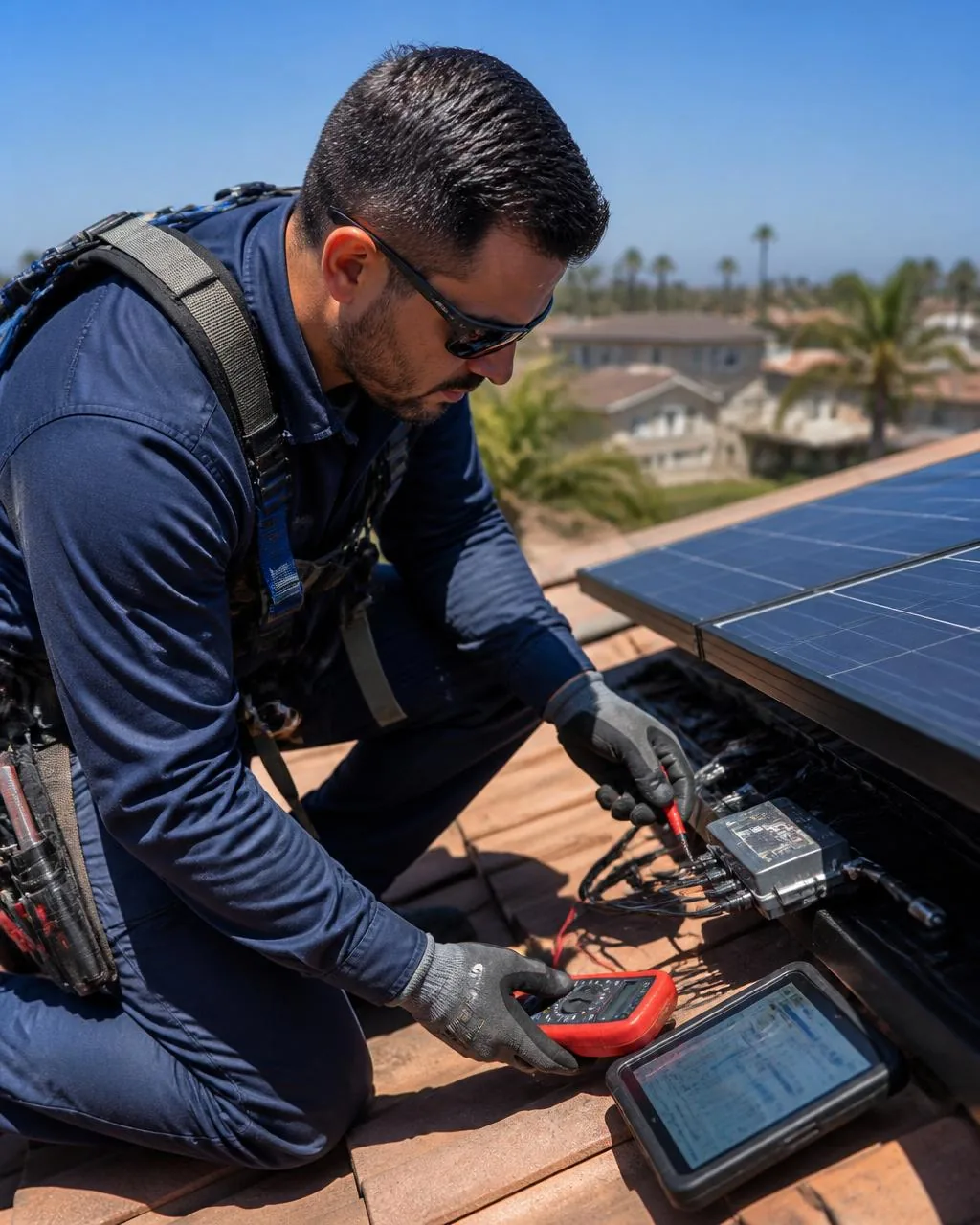 Nuon Energy technician testing microinverter wiring with a multimeter during an orphaned solar system audit