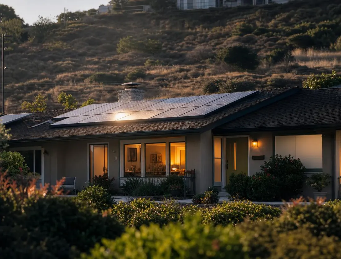 Southern California home with rooftop solar at golden hour, lights on inside
