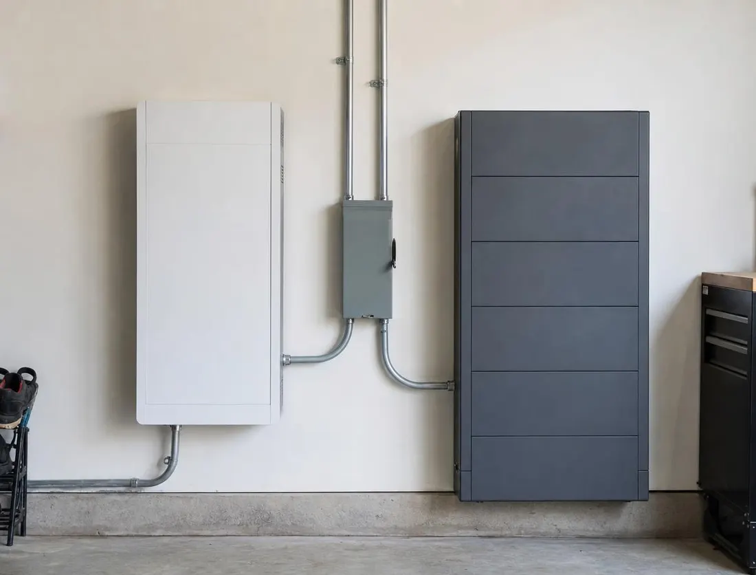 Two different home battery platforms mounted side by side on a garage wall