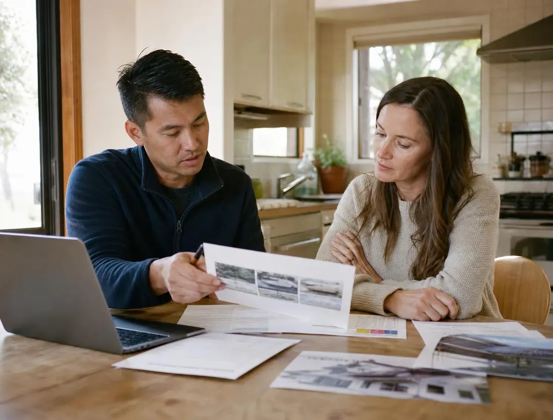 Homeowner and consultant reviewing battery rebate and incentive paperwork at a kitchen table
