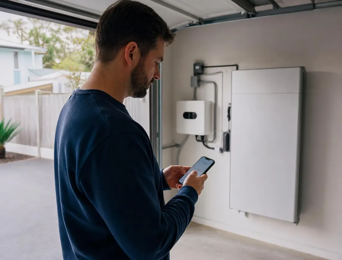 Homeowner checking a battery monitoring app on a phone beside a wall mounted home battery