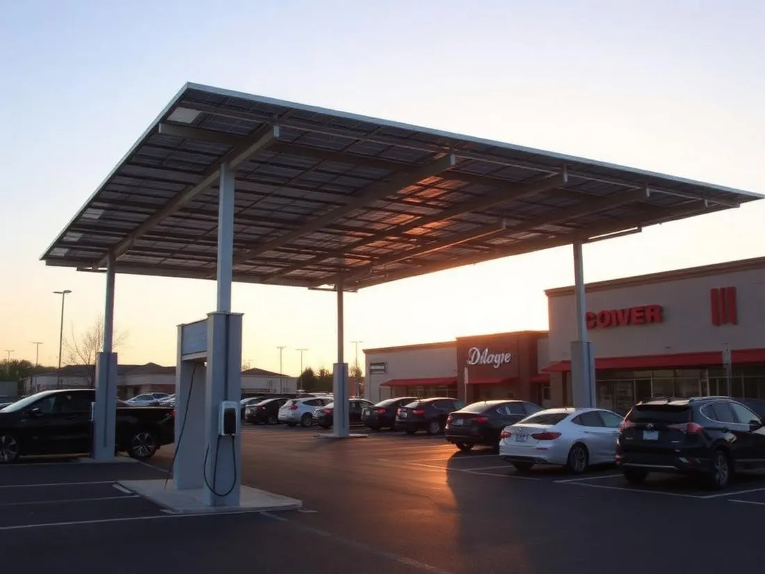 Finished solar carport with EV chargers at the columns of a Southern California retail lot