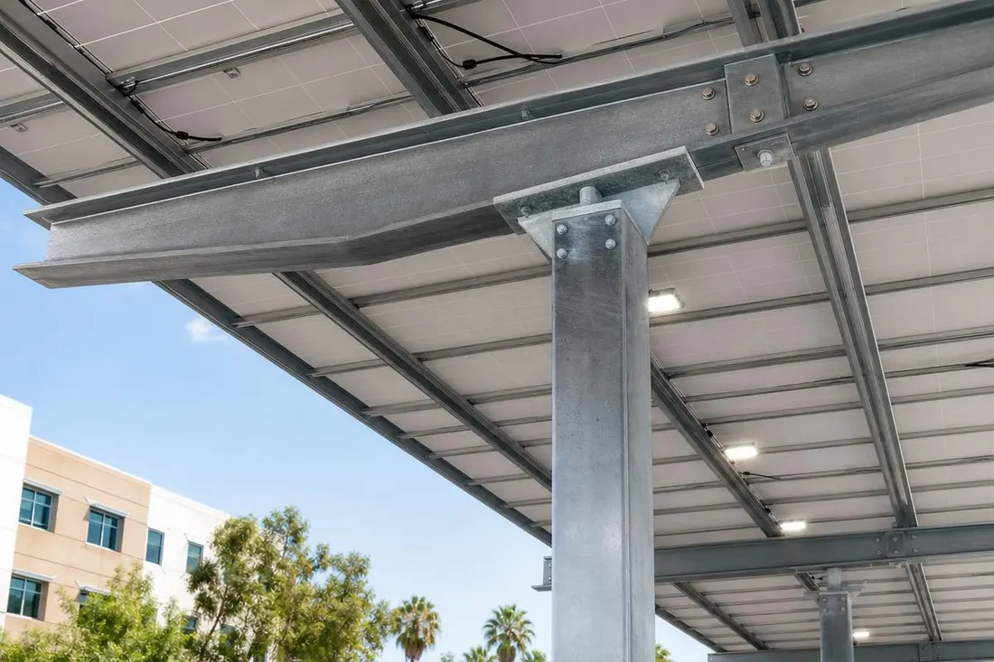 Galvanized steel columns and bolted beam connections under a finished solar carport canopy