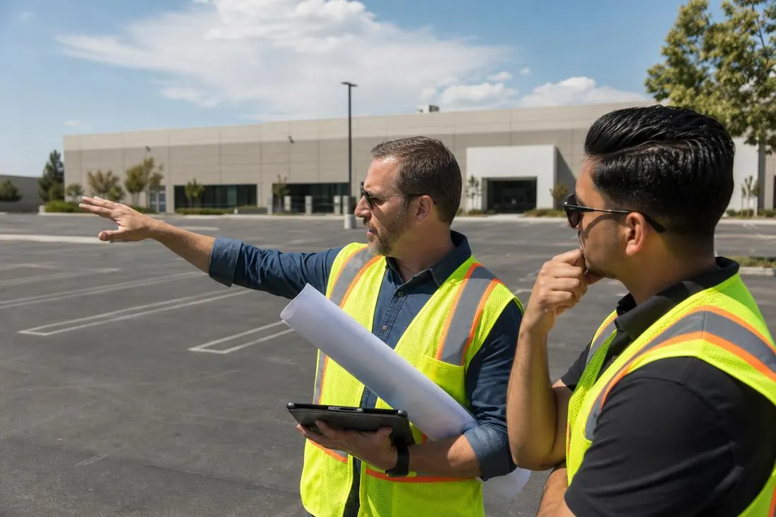 Project managers reviewing carport layout drawings in a commercial parking lot