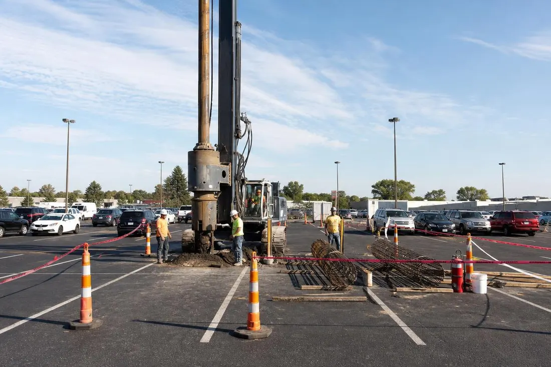 Drill rig boring caisson foundations for solar carport footings while the rest of the lot stays open