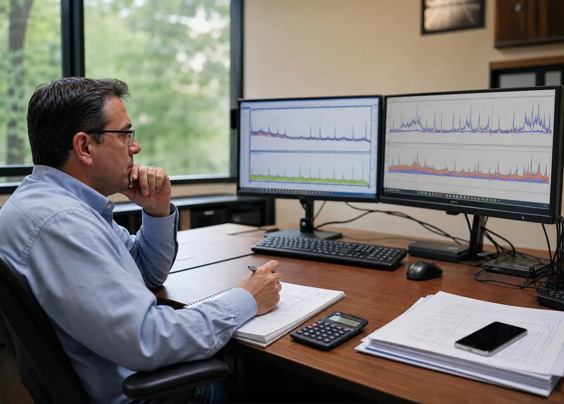 Energy engineer studying interval load data on dual monitors