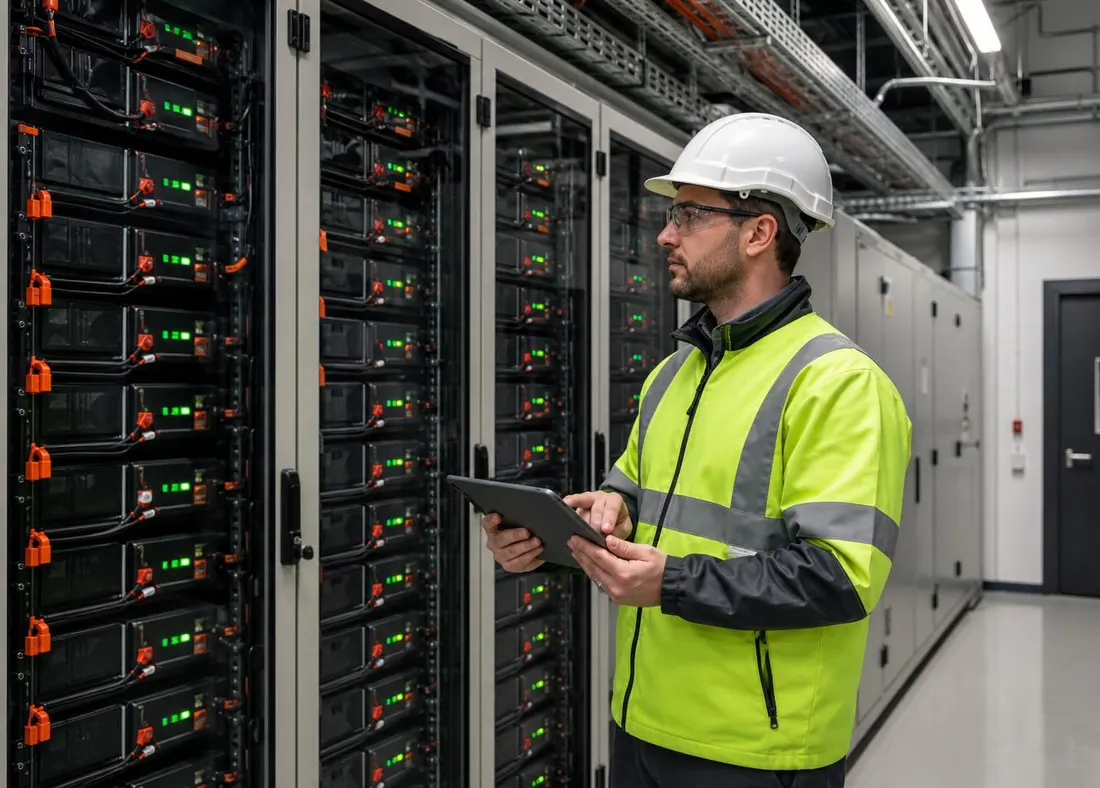 Technician commissioning an energized commercial battery system in an electrical room