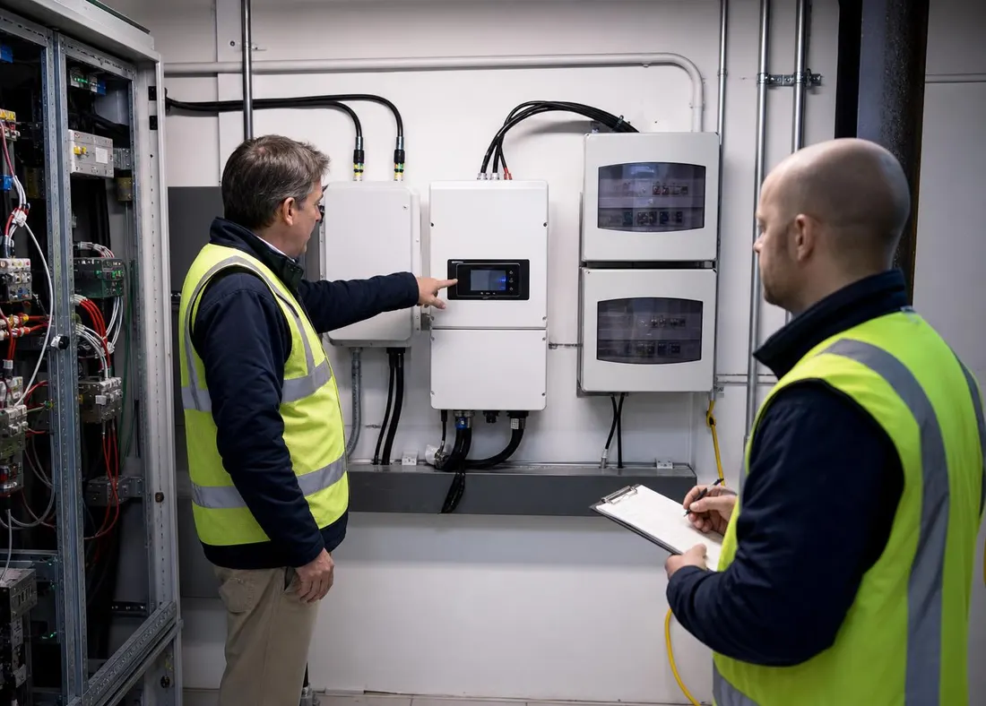 Facility team reviewing battery inverter and metering equipment on site