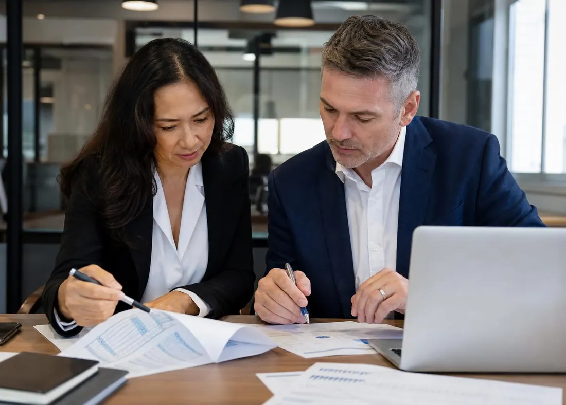 Business owners reviewing incentive paperwork and project financials for storage