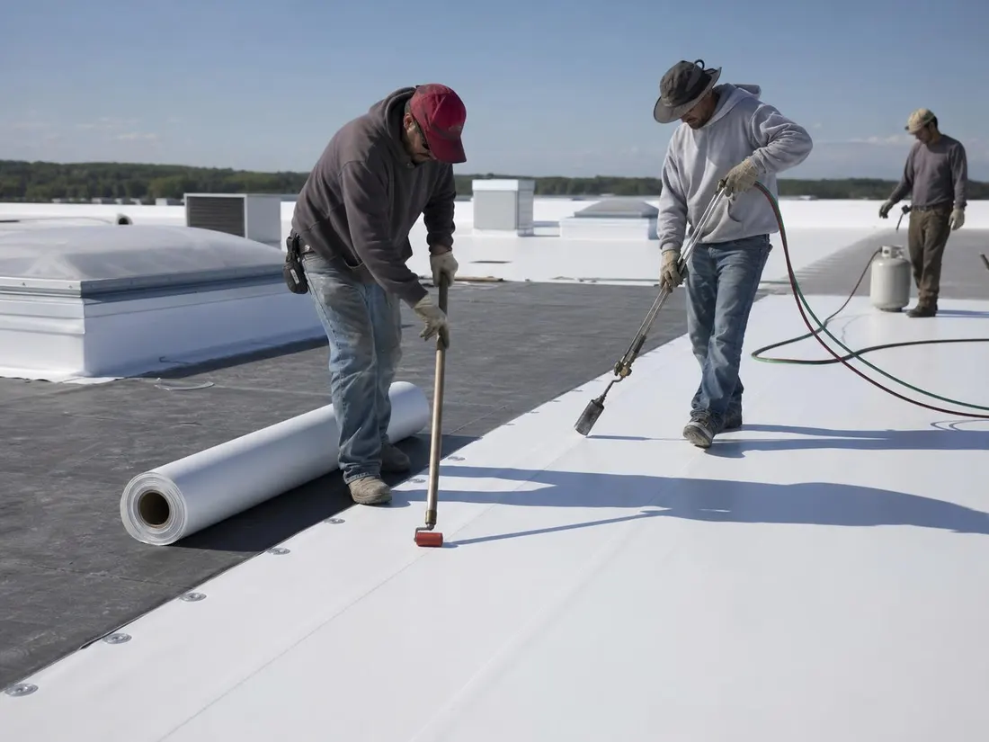 Roofing crew rolling out and heat-welding white TPO membrane across a flat commercial roof