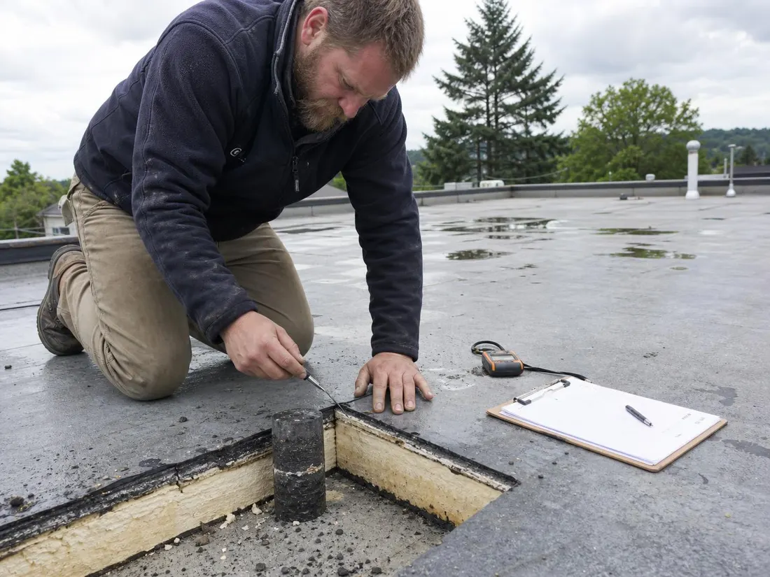Roofing project manager taking a core sample and moisture reading on a flat roof