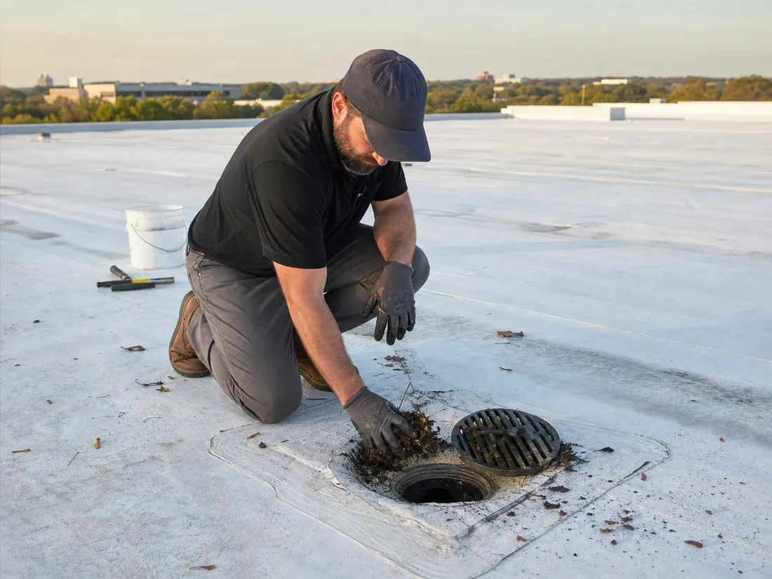 Maintenance technician clearing a roof drain during a scheduled commercial roof inspection