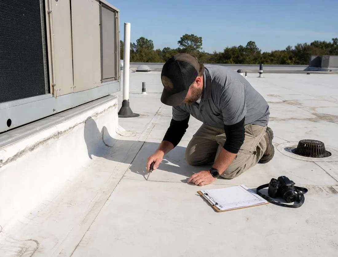 Technician probing a membrane seam beside a rooftop HVAC curb during a semi-annual roof inspection
