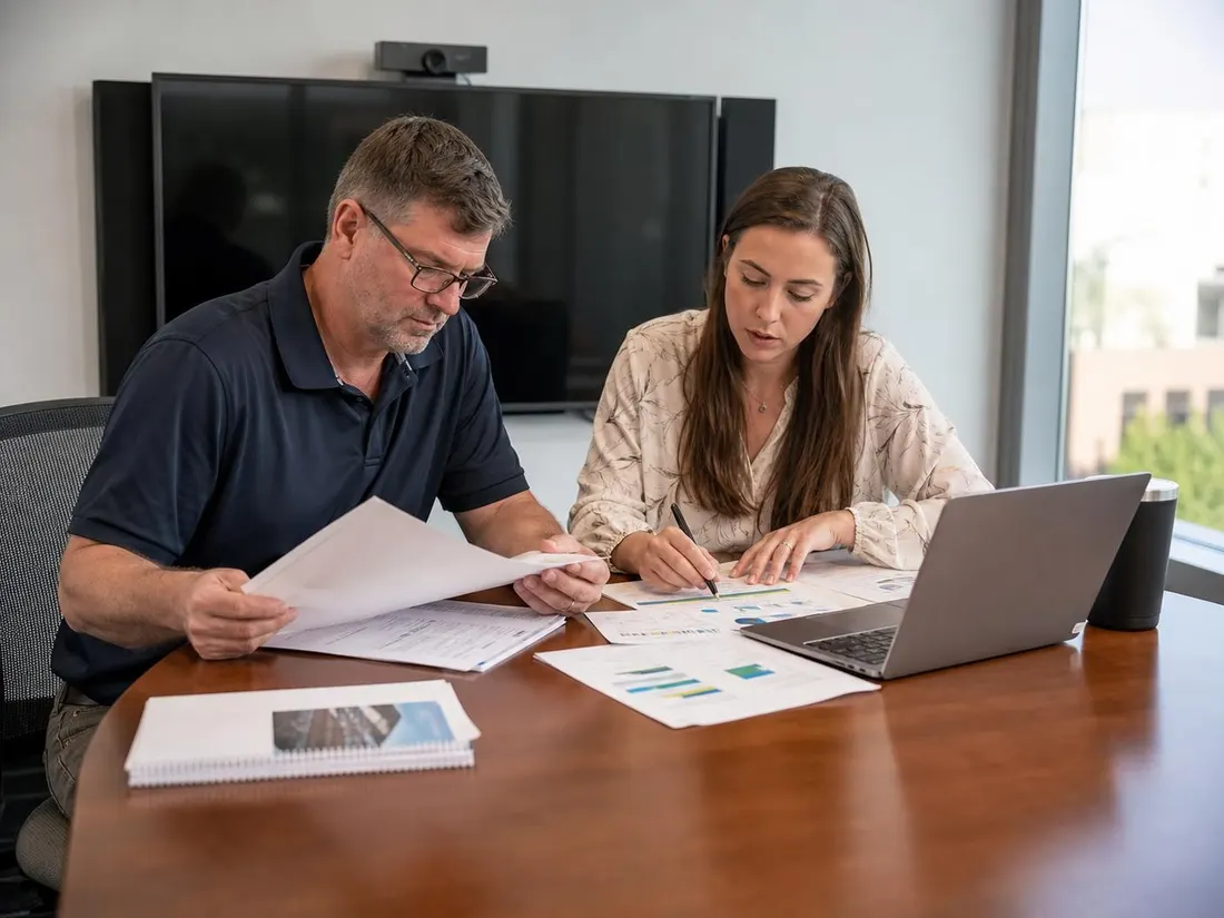 Facility manager and solar consultant reviewing utility bills and a project financing proposal