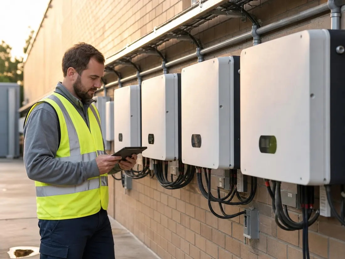 Service technician checking commercial string inverters with a monitoring tablet