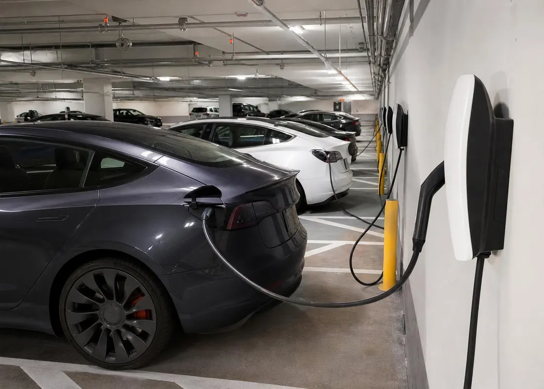 Row of Level 2 workplace EV chargers with vehicles plugged in
