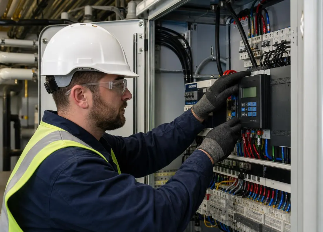Electrician configuring a load management controller in commercial switchgear