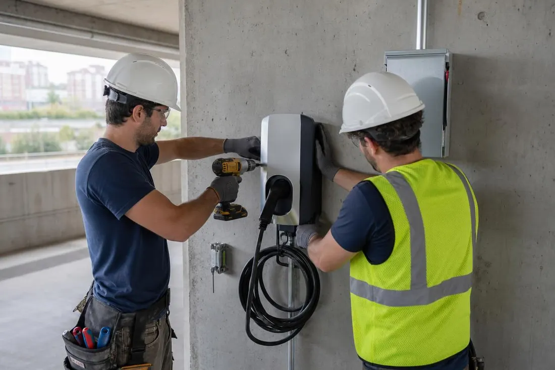 Electricians mounting a commercial EV charger and disconnect on a parking structure wall