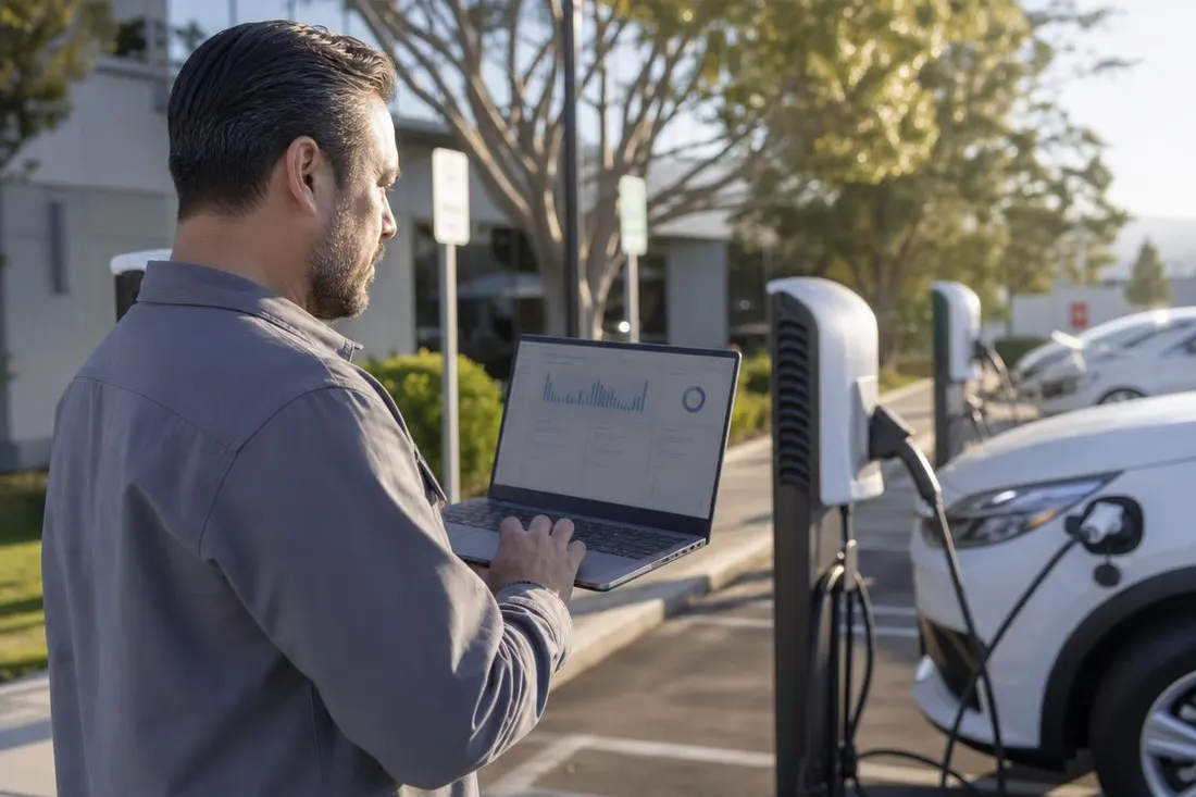 Facility manager reviewing an EV charging network dashboard on a laptop beside active chargers