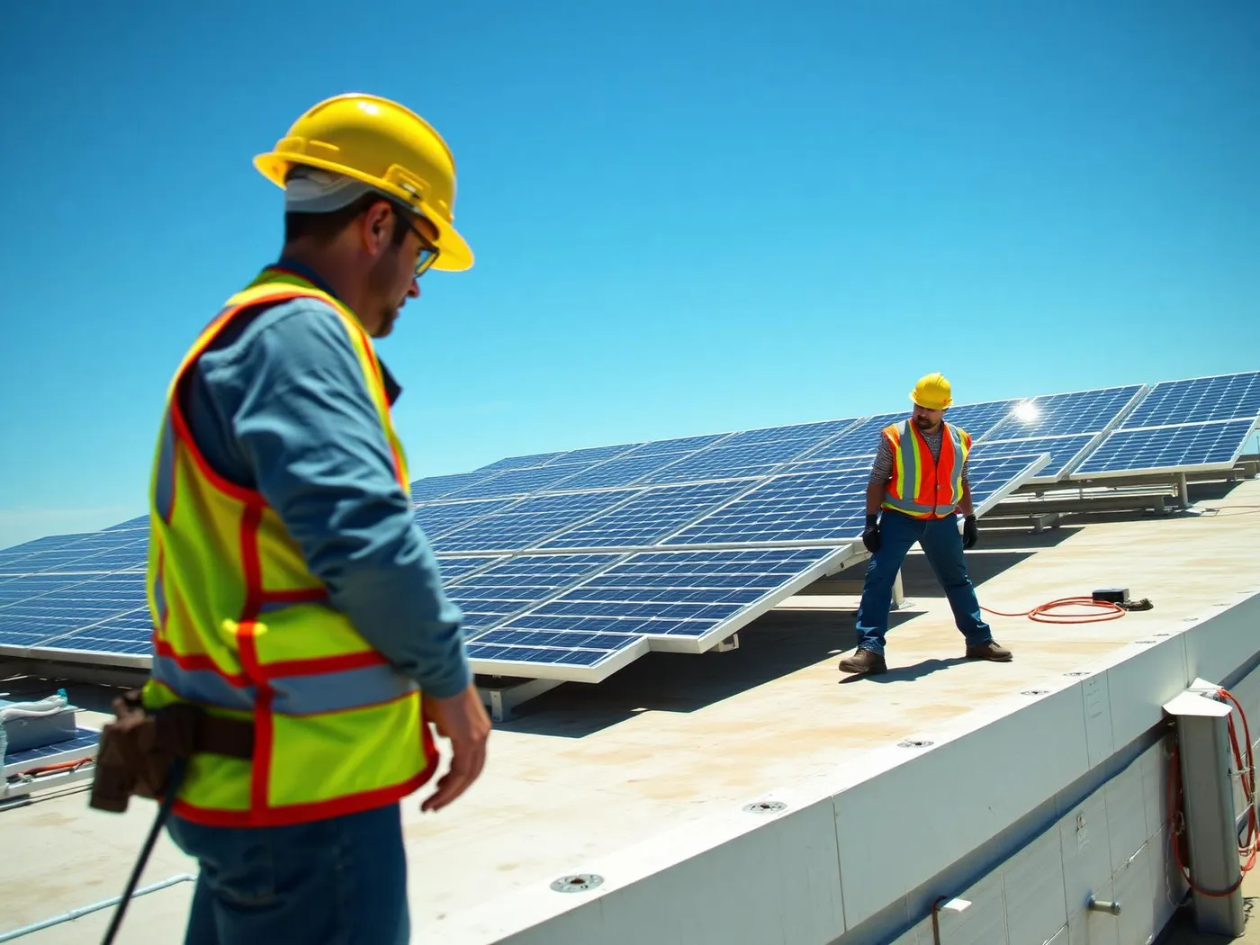 Nuon Energy crew installing a commercial rooftop solar array in California