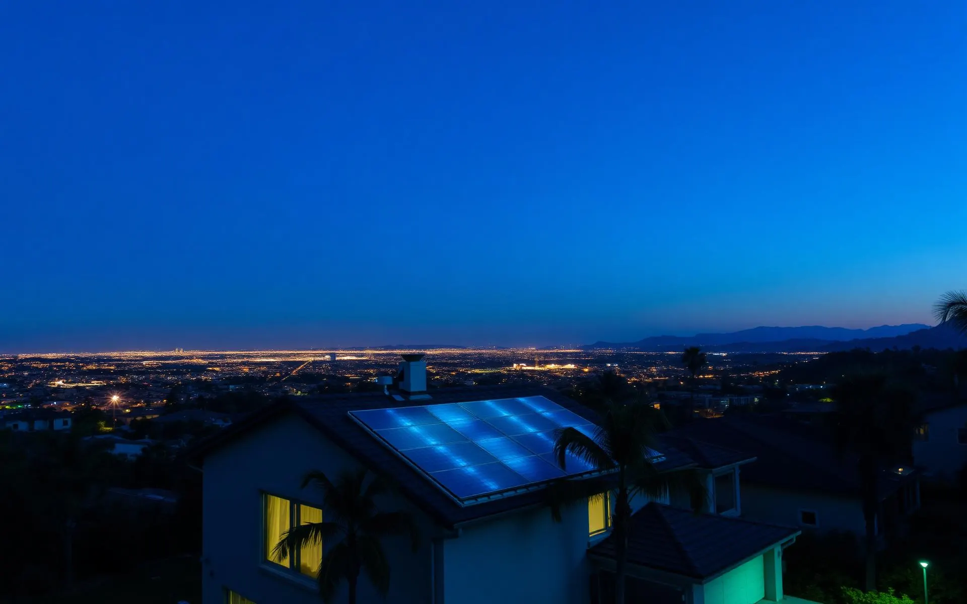 Home with rooftop solar under a Southern California twilight sky
