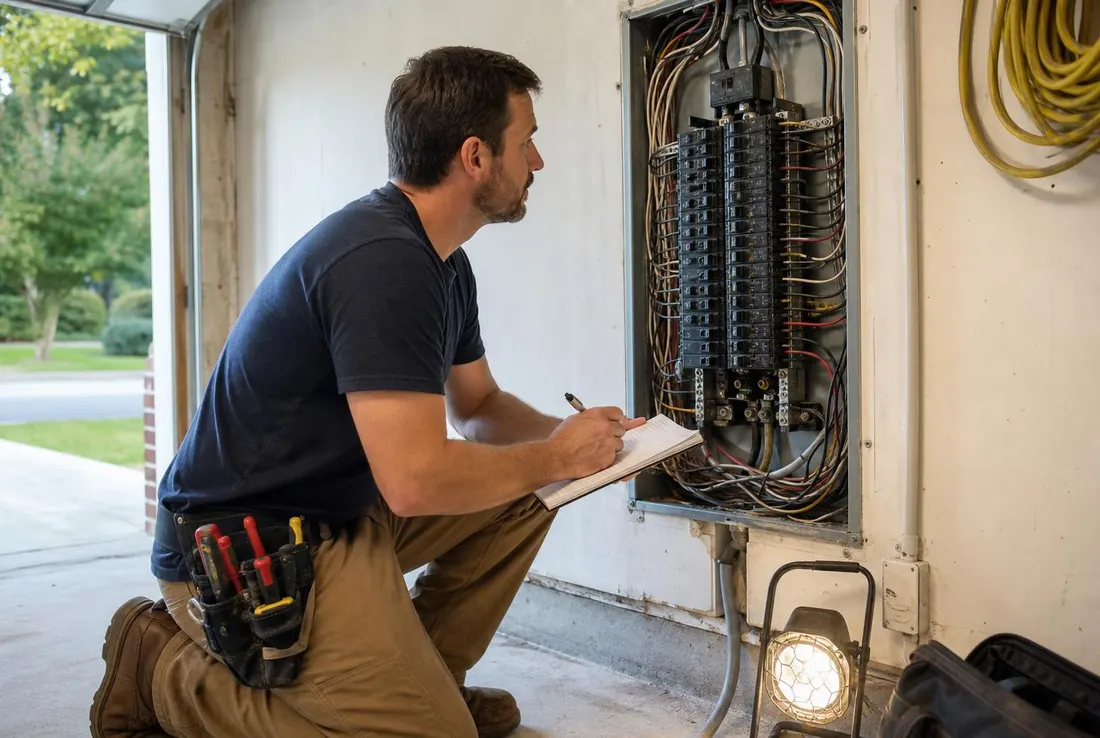 Electrician checking service panel breaker capacity before sizing a home battery