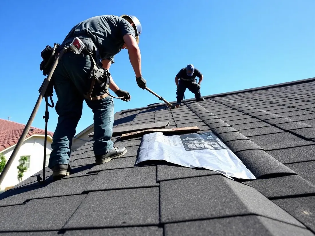 Nuon Energy roofing crew installing new shingles on a Southern California home