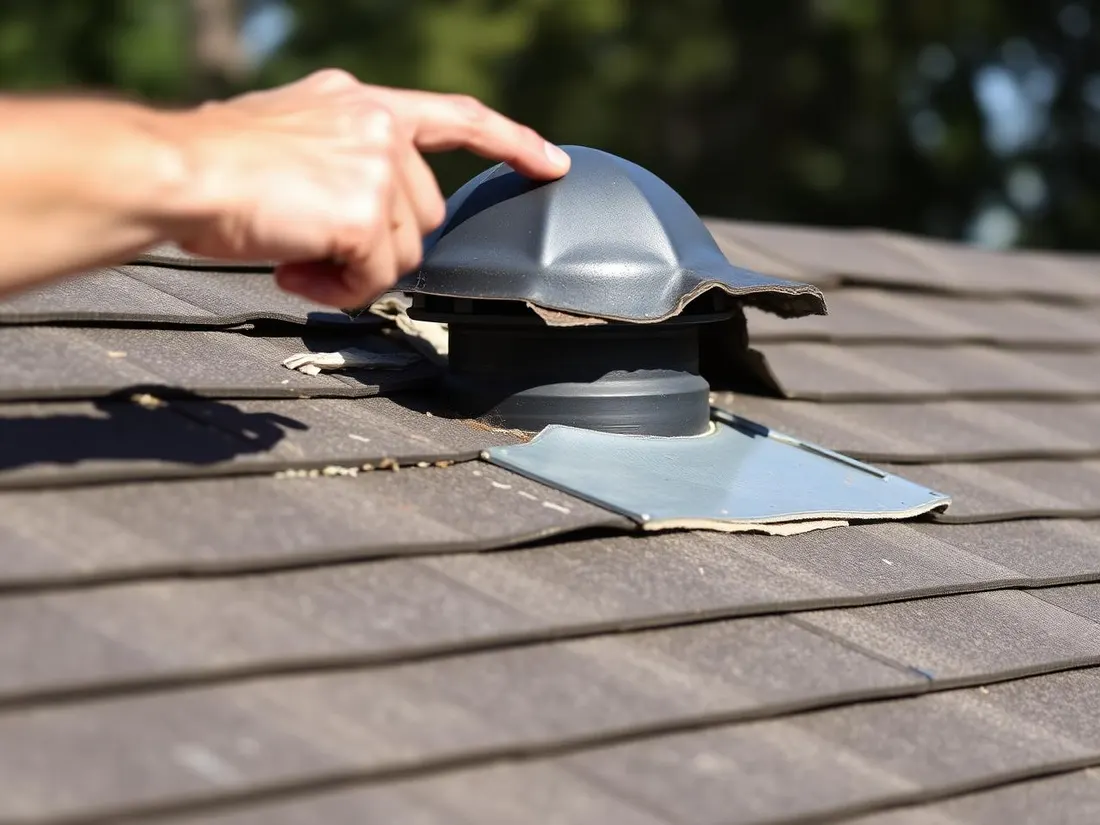 Damaged roof flashing and curling shingles found during a roof inspection