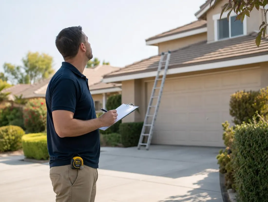 Roofing estimator measuring and pricing a re-roof in a Southern California driveway