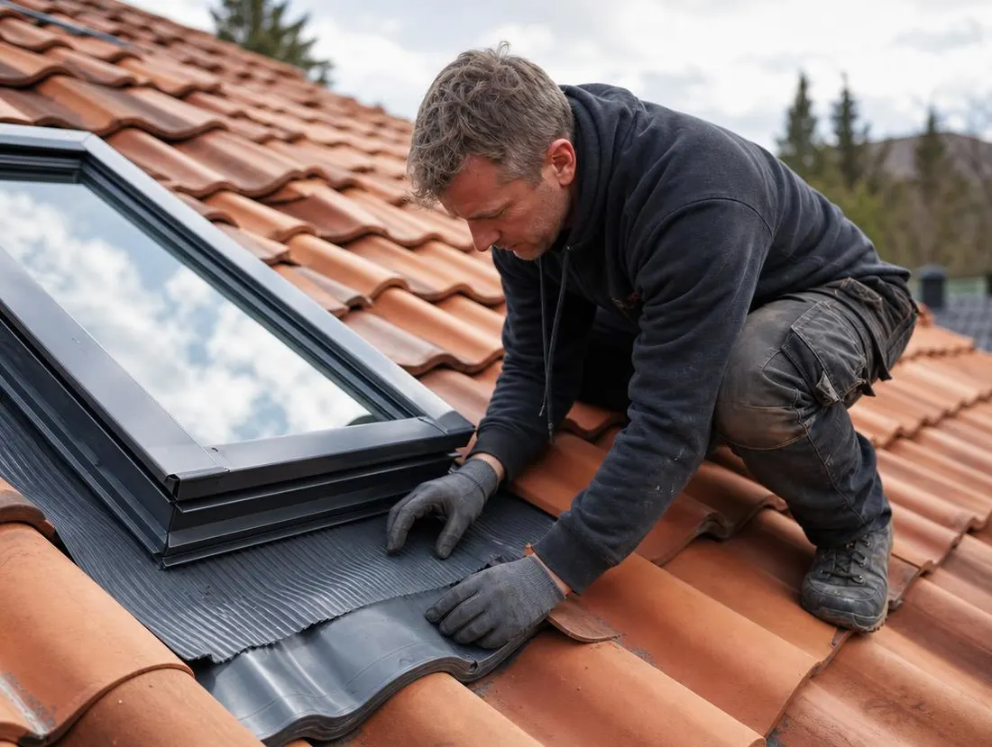Roofer inspecting flashing detail around a skylight on a tile roof