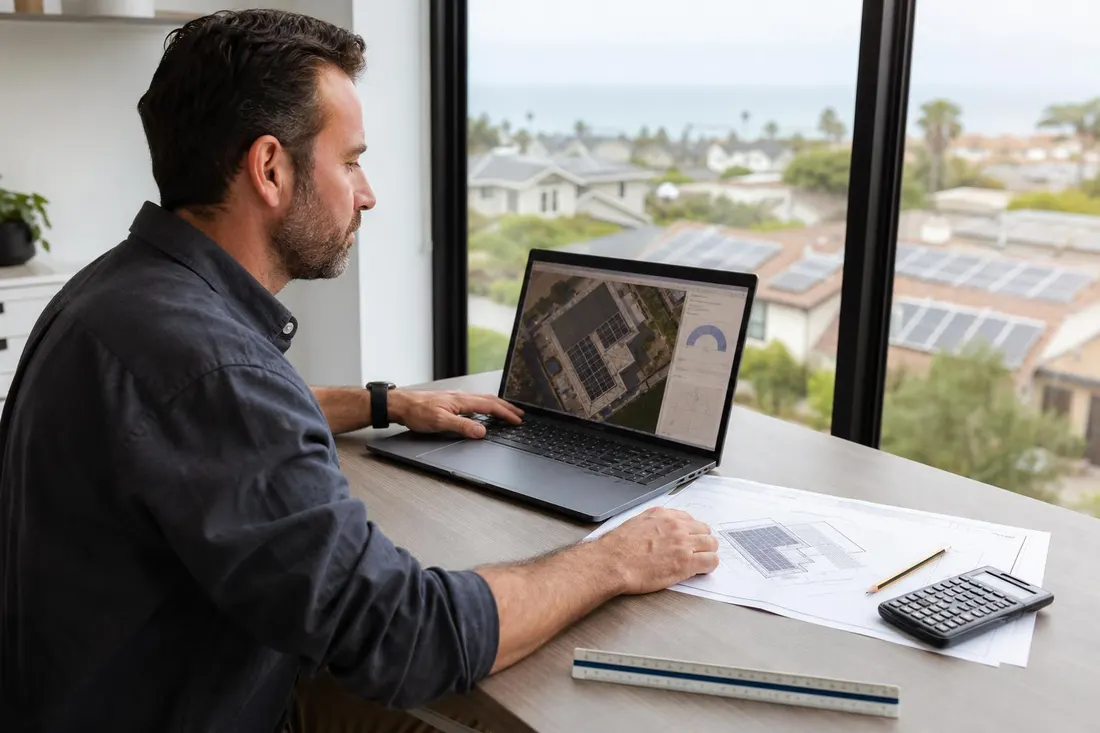 Solar designer reviewing an array layout and shade model on a laptop