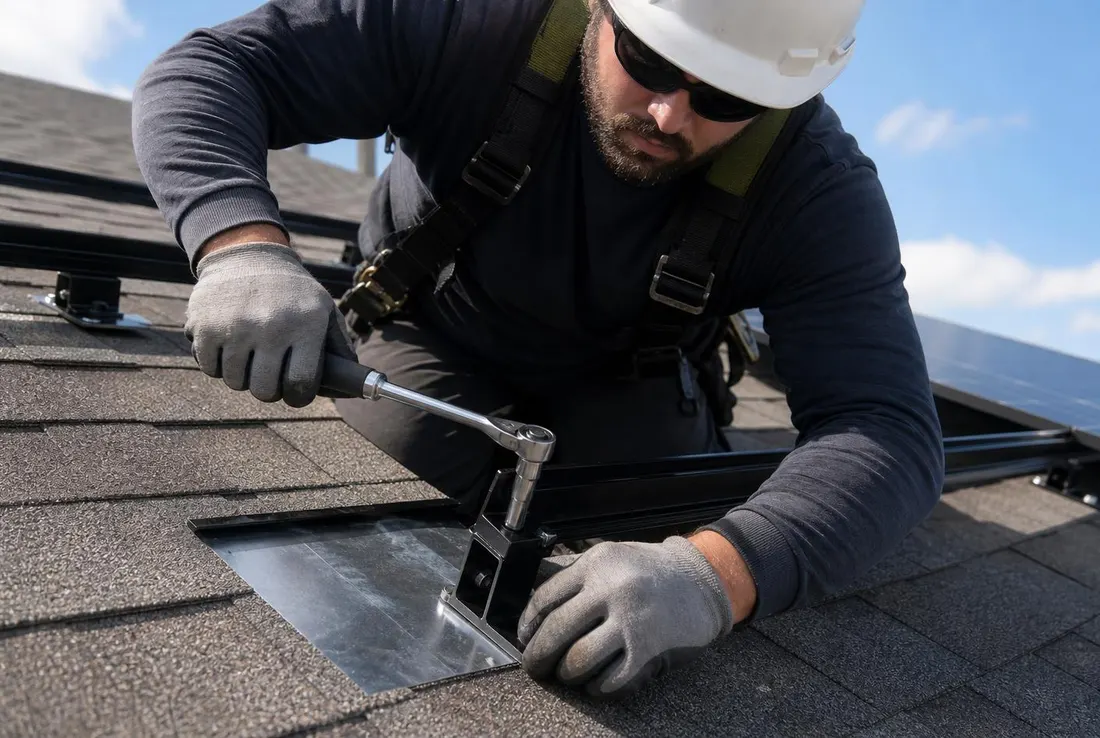 Installer torquing a flashed solar mount with a microinverter attached