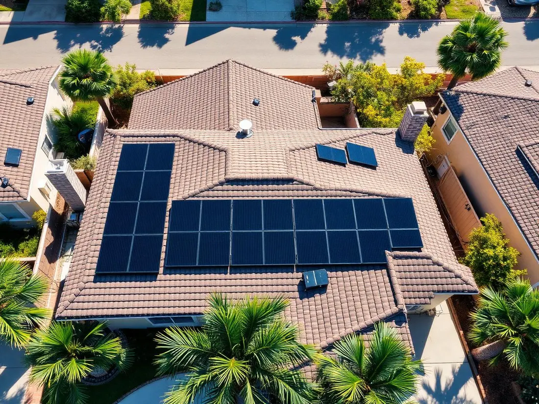 Aerial view of solar panels installed on a Southern California home