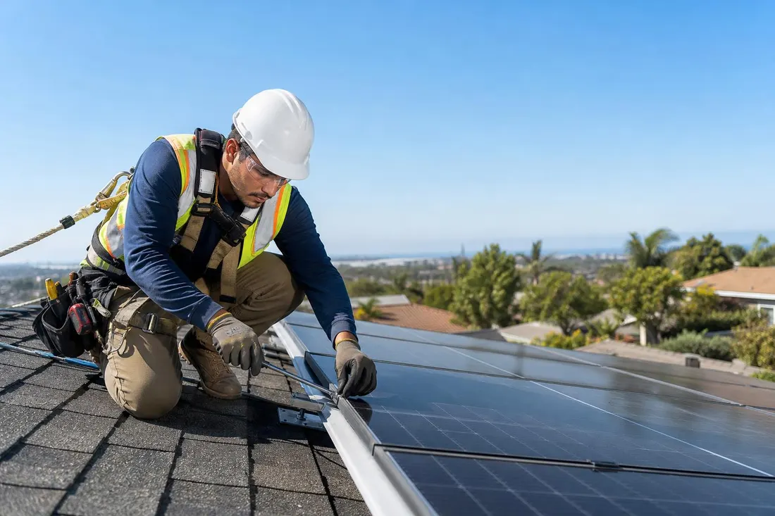 Nuon Energy installer securing a solar module on a residential roof