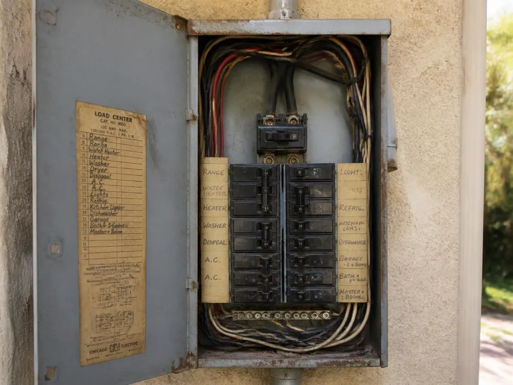 Aged crowded residential electrical panel before an upgrade