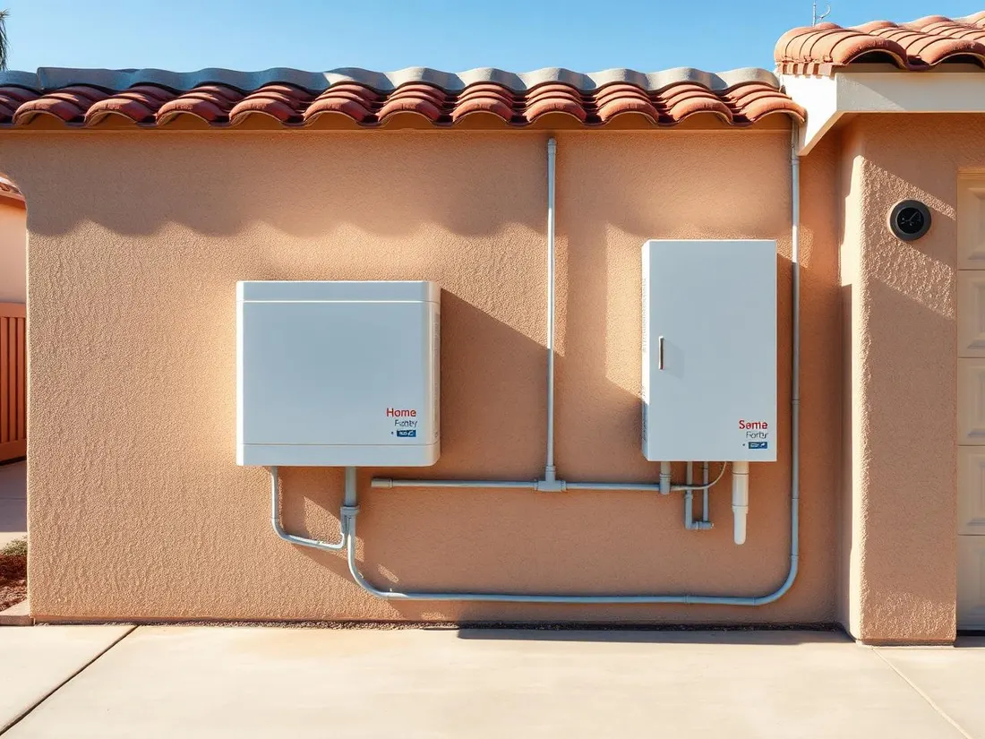 Home battery and gateway mounted on the exterior wall of a Southern California home